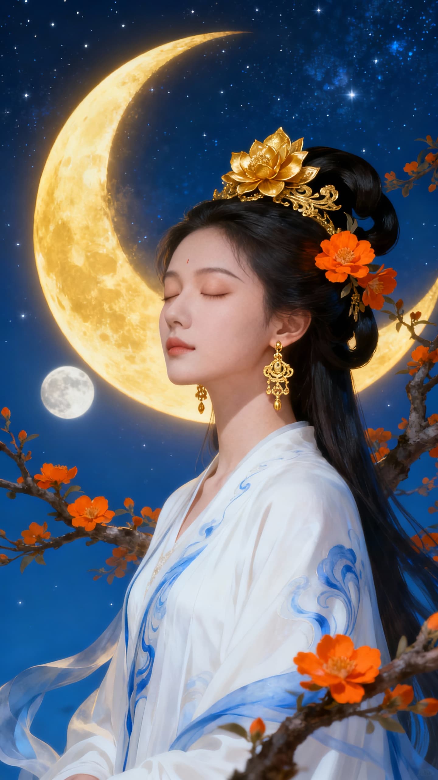 AI generated: Photorealistic artwork of a serene, celestial Asian-inspired woman with pale, porcelain skin and del...