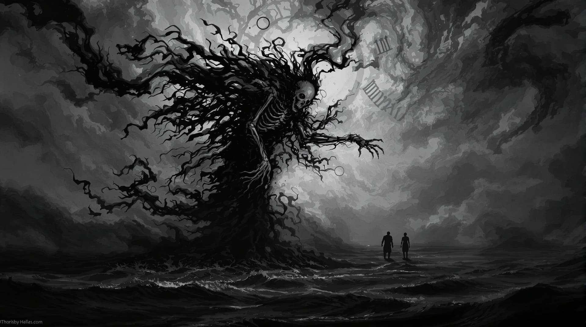 AI generated: The image depicts a hauntingly surreal scene in shades of black and white, filled with emotional int...