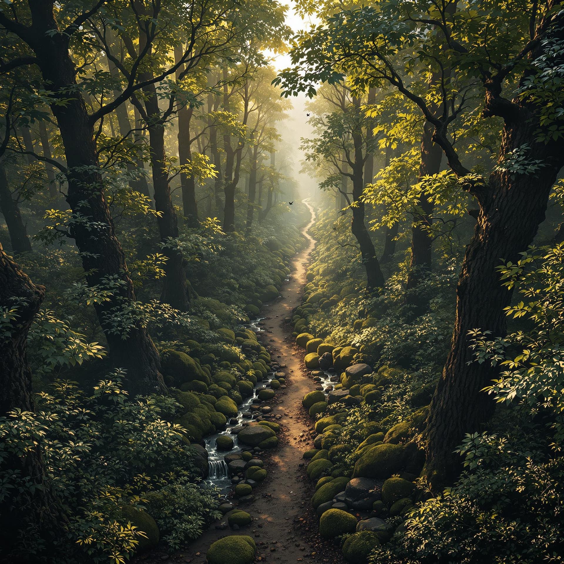 AI generated: A realistic and cinematic aerial view of a dense medieval forest, with some snow captured from above...