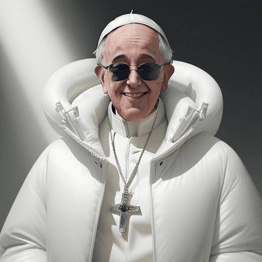 AI generated: well lit fashion shoot of Pope Francis smiling, sunglasses, wearing a white inflatable oversized jac...