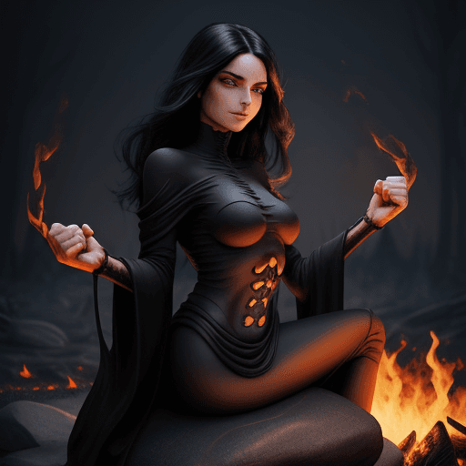 AI generated: A Beautiful women with jet black hair, sitting on a stone on top of a fire. skeletons reaching out t...