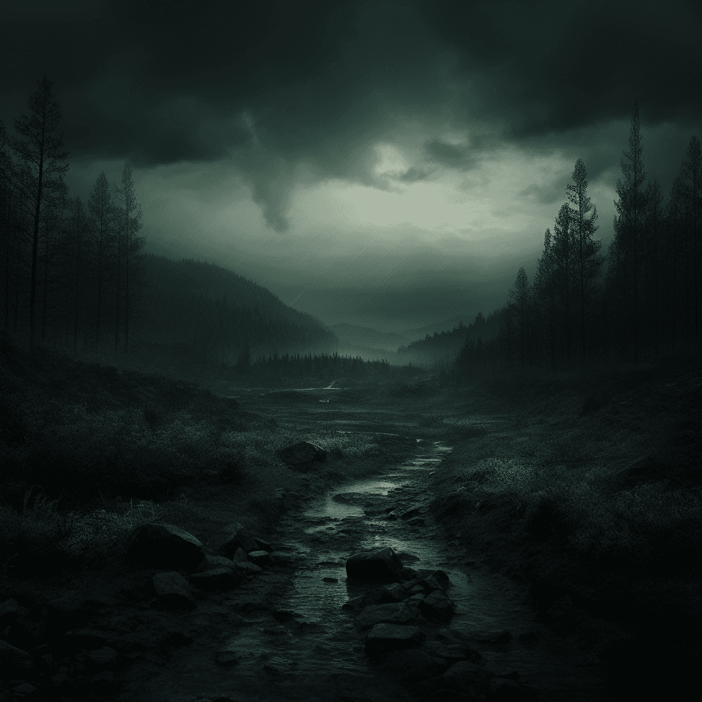 AI generated: Dark and green landscape embodying elements of psychology and manipulation, strong contrast between ...