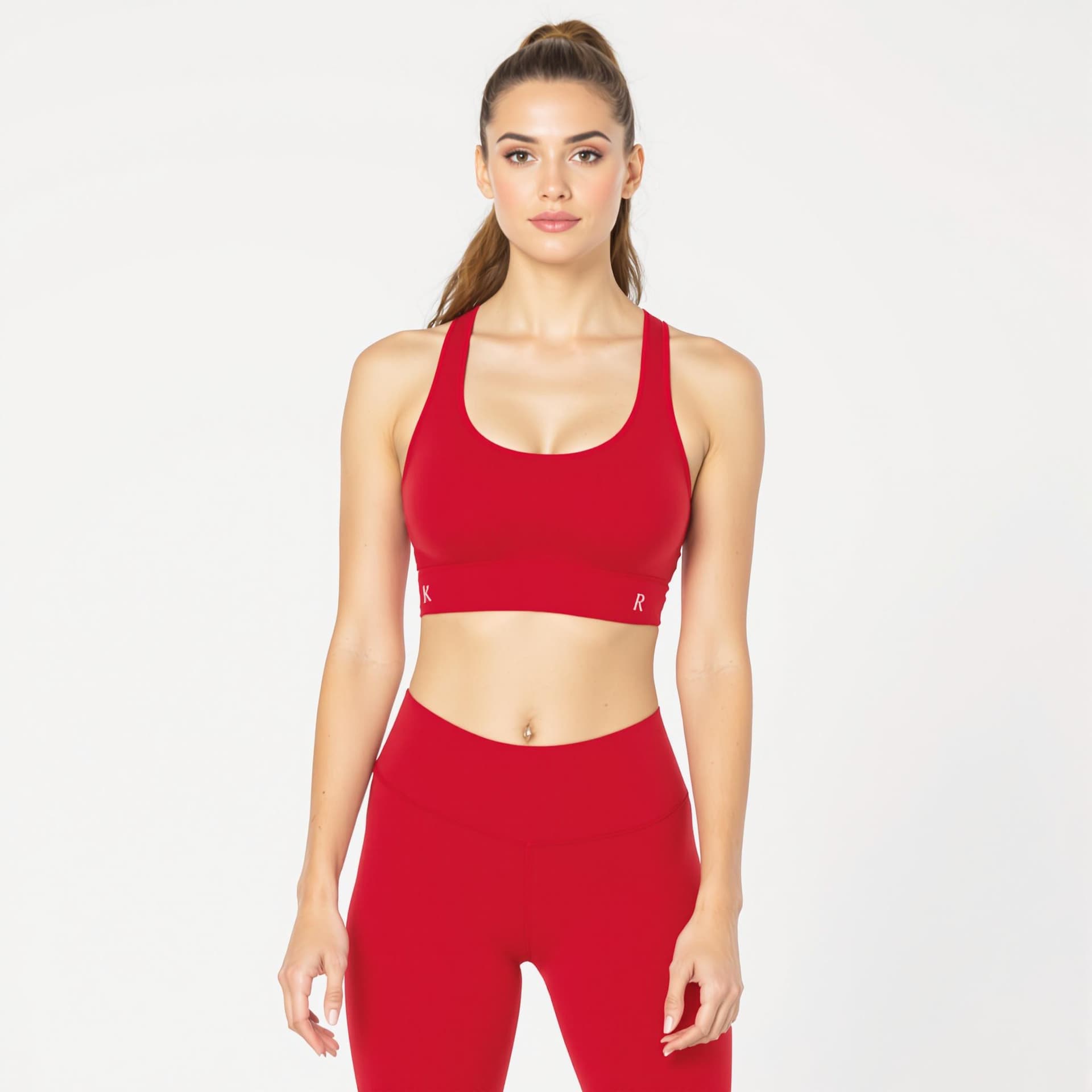 AI generated: a woman wearing red sports bra and matching legging and white sneakers. Her hair is pulled back in a...