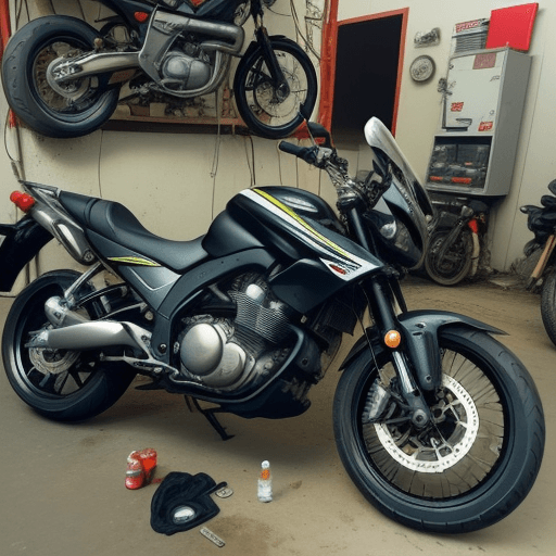 AI generated: I can see a picture of a motorbike being serviced with a mechanic next to it and below there are man...