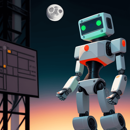 AI generated: make an image, background colorful, has 1 forex robot uses his finger arming to the moon