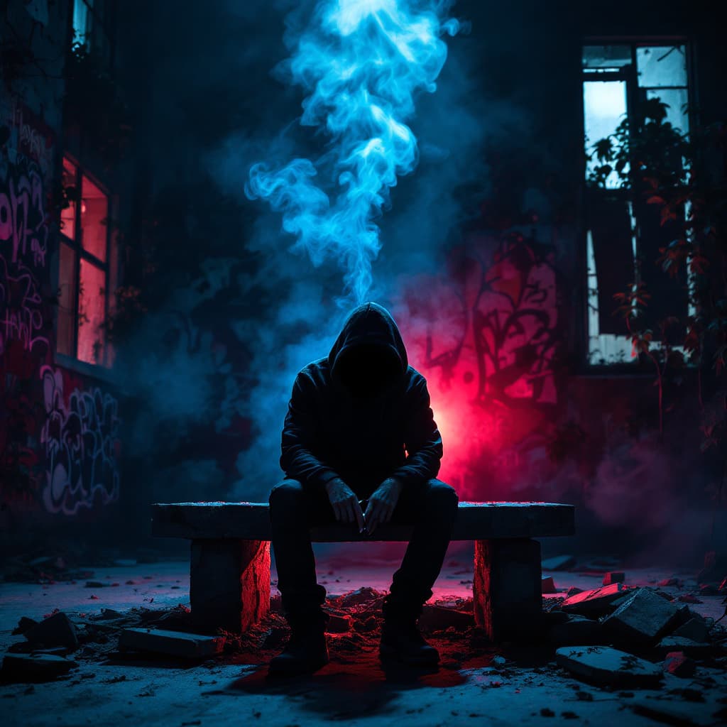 AI generated: "A dramatic and moody scene set in an abandoned urban area at night. A lone figure sits on a broken ...