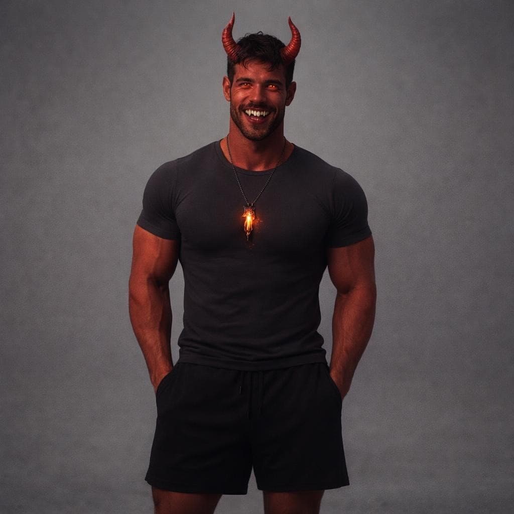 AI generated: make this man into a devil wearing no shirt and black short shorts smiling with vampire teeth standi...