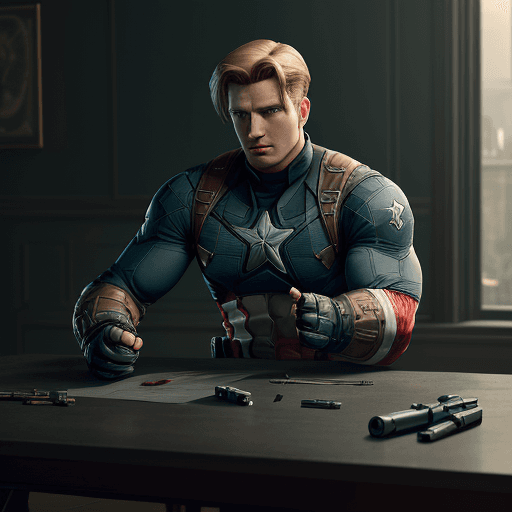 AI generated: guns on the table with the design and character of captain america The guns is gold and grey dark, n...