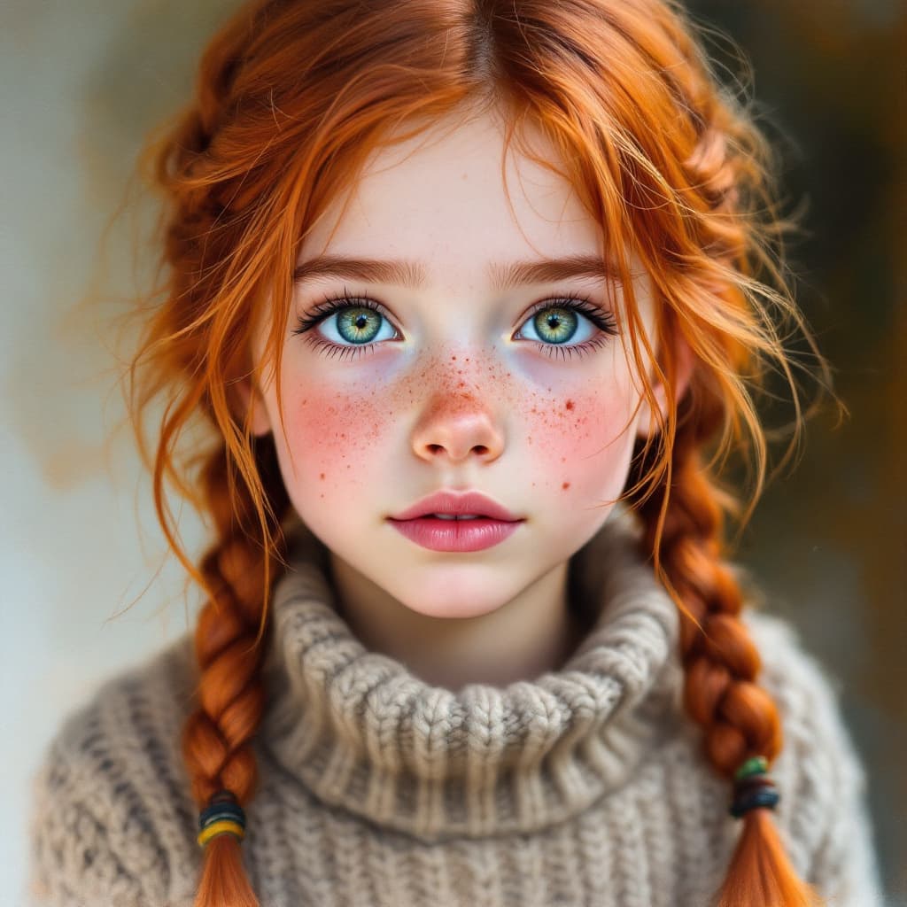 AI generated: water painting portrait of a young girl with braided red hair, freckles, and piercing green eyes, we...