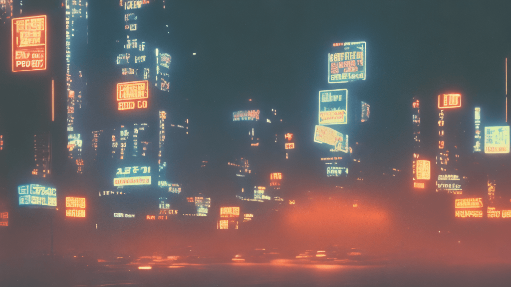 AI generated: photograph of a 1980s futuristic cyberpunk city, night, natural lighting, foggy, gloomy, shot on 70m...