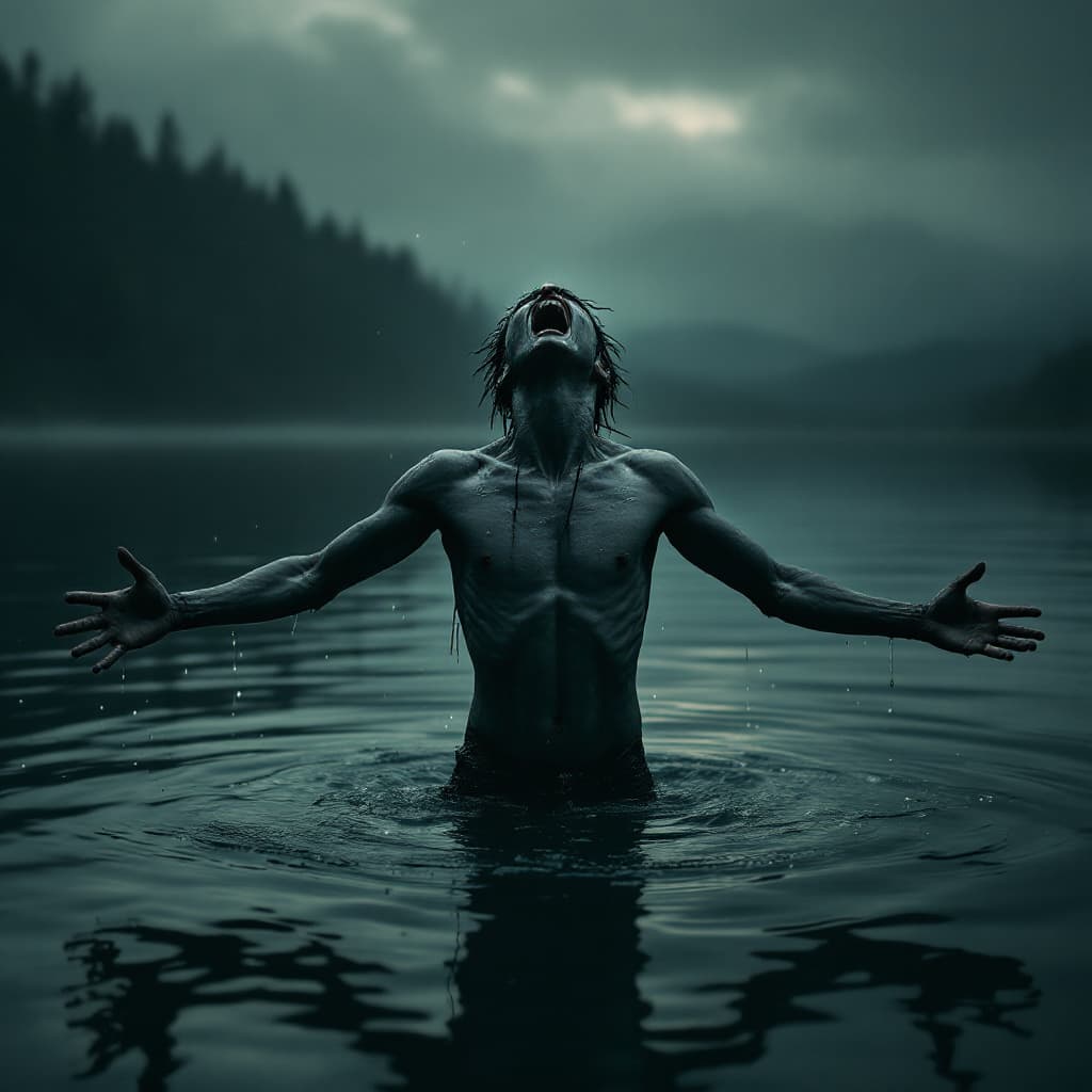 AI generated: A very skinny goth punk guy stands waist-deep in a lake, passionately beseeching the gods. With arms...