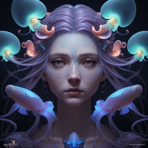 AI generated: Goddess close-up portrait ribcagel. jellyfish phoenix head, nautilus, orchid, skull, betta fish, bio...