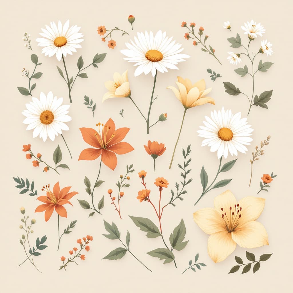 AI generated: Flat botanical illustration in modern vintage style, warm beige background, a variety of hand-drawn ...