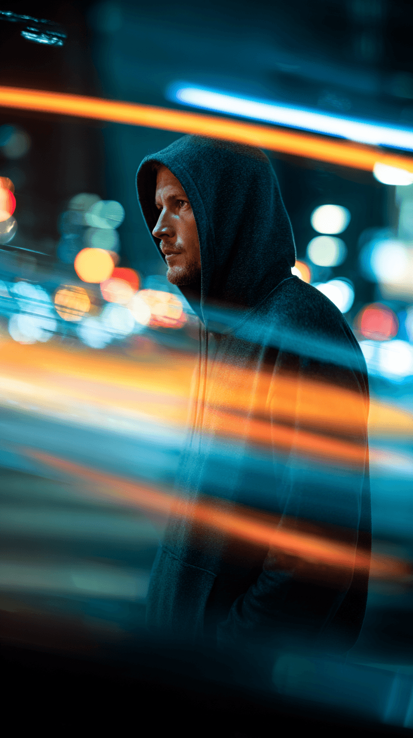 AI generated: photography, vibrant street, male model, midnight, wearing a hoodie, stands out against backdrop of ...