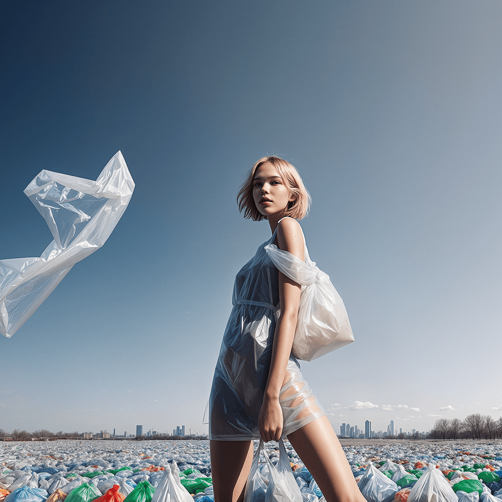 AI generated: isometric angle of view, wide angle, endless field covered in diverse sized plastic bags, endless vi...