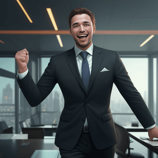 AI generated: cheerful business man celebrating success, with a lot of detail, high quality image, cinematic, hype...