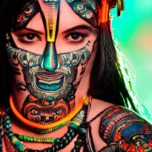 AI generated: Beautifully Sexy Female Mayan warrior in Neon cyberpunk style, both hands full of tattoos, large bre...