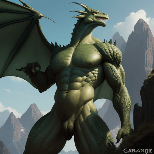 AI generated: looking up at the quadriceps of a skinny, athletic green male anthro dragon, gargantuan, towering ov...