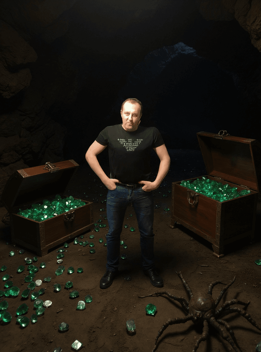 AI generated: haunting creature that looks like a spider, full body, reddish eyes, the background is a cave where ...