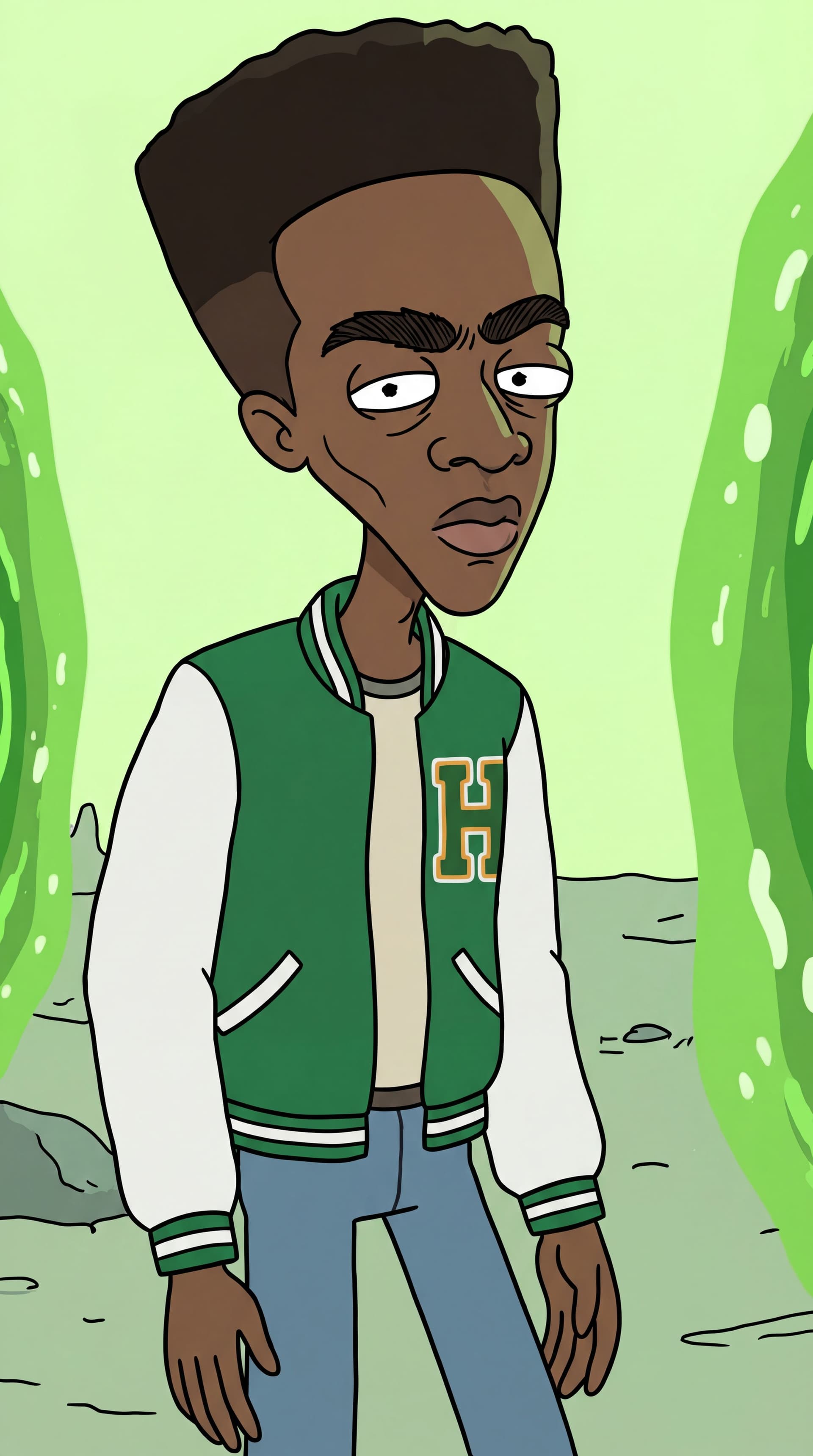 AI generated: Generate full-body Stranger Things Lucas Sinclair Character in the iconic Rick and Morty animation s...