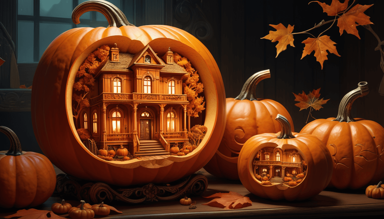AI generated: Digital illustration: A breathtaking digital illustration showcases the enchanting art of pumpkin ca...