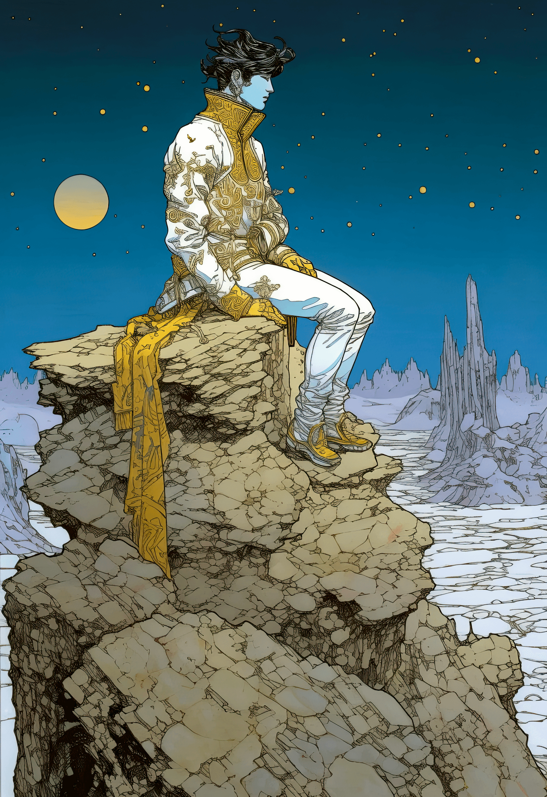 AI generated: an image of a man on top of a rock, in the style of colorful moebius, cyberpunk manga, white and gol...