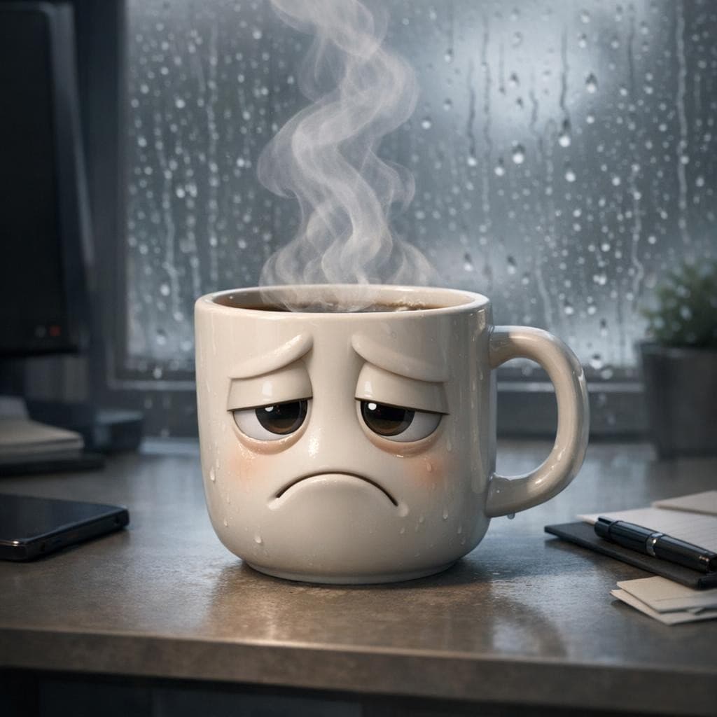 AI generated: Anthropomorphic ceramic coffee mug with drooping sad eyes and downturned mouth, steam rising sadly f...