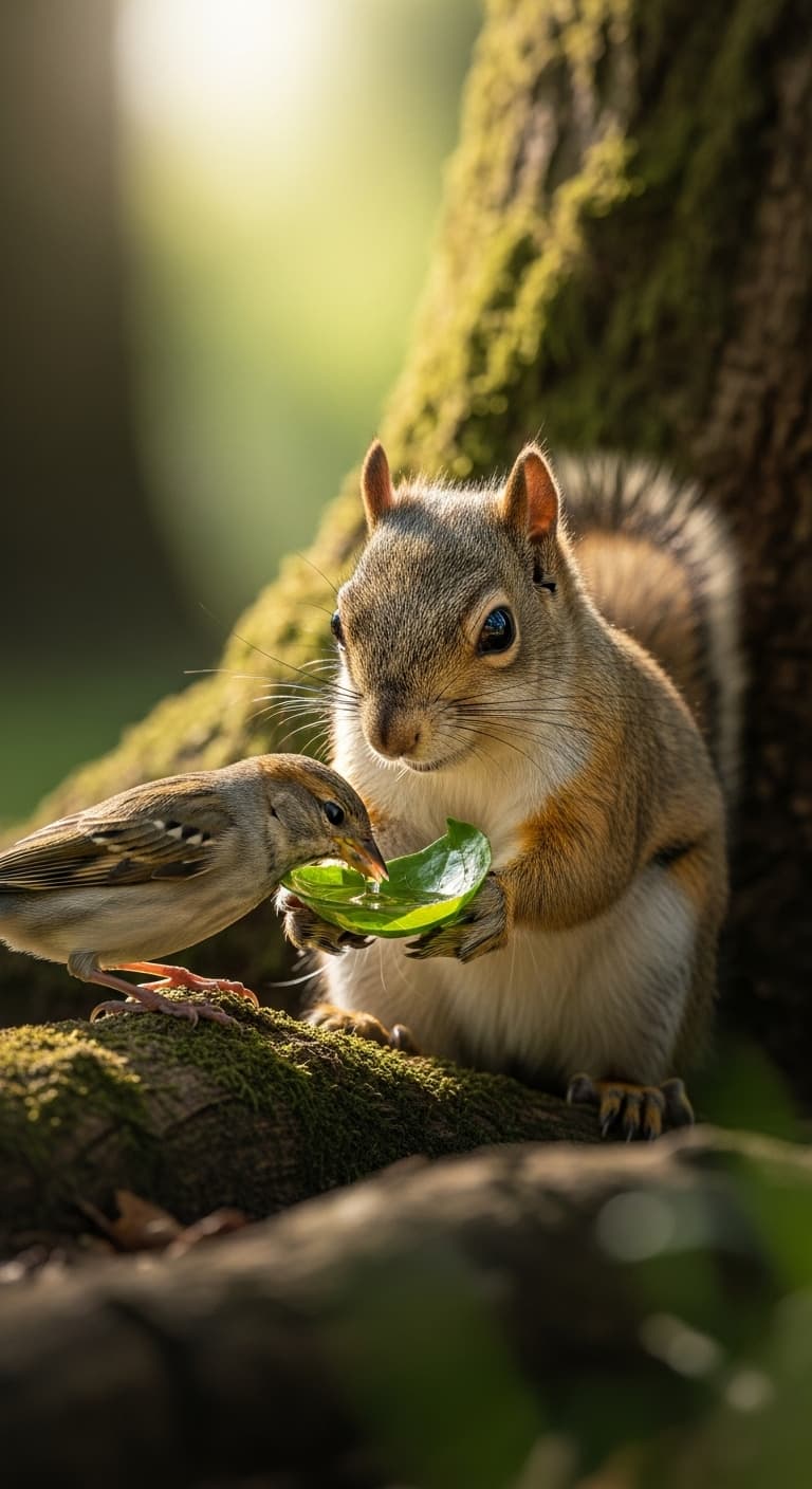 AI generated: a kind squirrel, helps a bird drink water