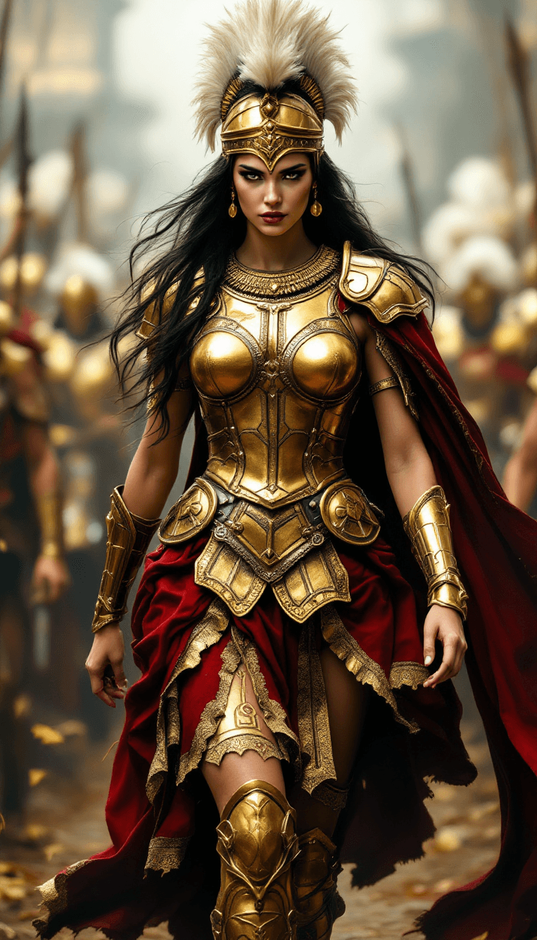 AI generated: Front view, hyper-realistic, full-length shot. Visualize an epic scene depicting a legendary female ...