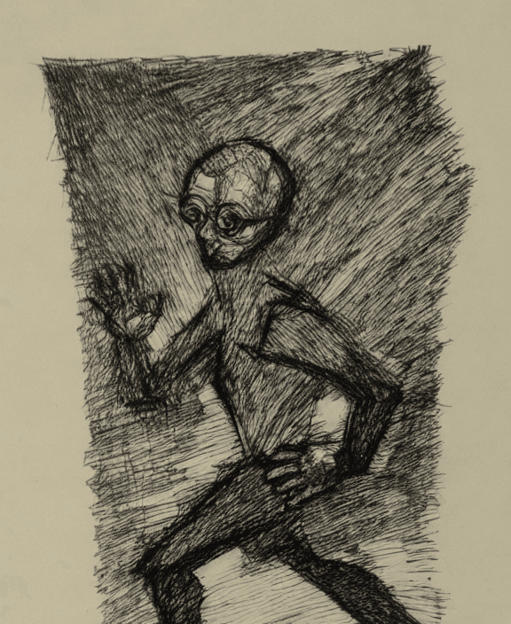 AI generated: white background, drypoint engraving scribble, bizarre drawing, bizarre design, man who runs with ha...