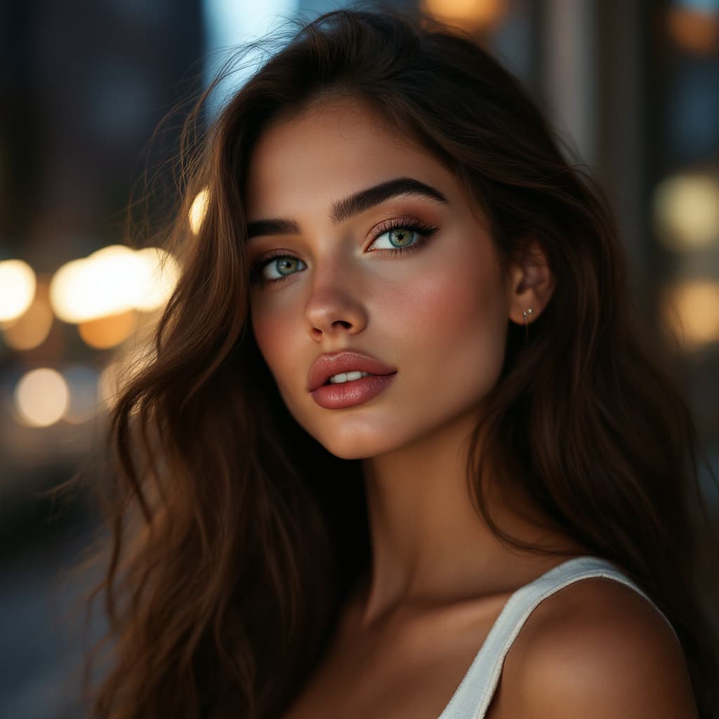 AI generated: Portrait of a young woman with long, wavy brown hair, glowing skin, and blue-green eyes, set against...
