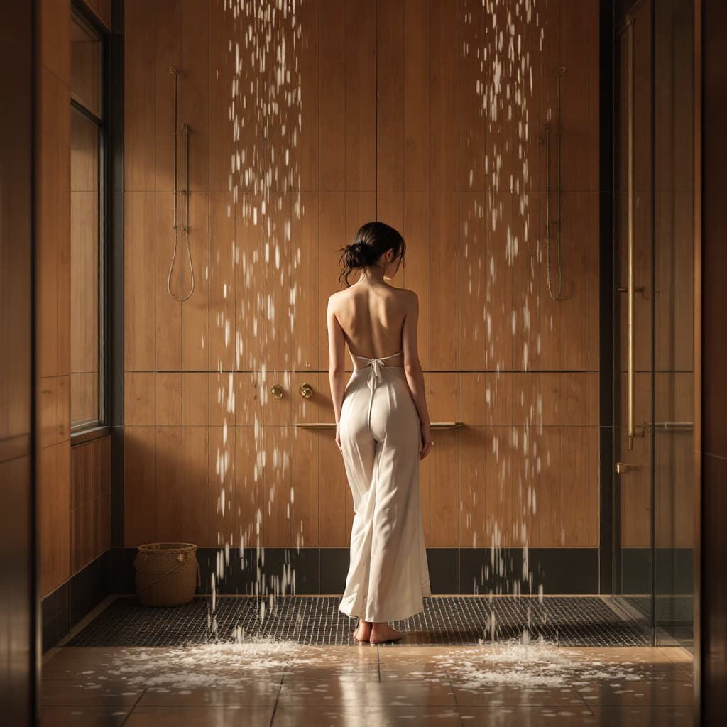 AI generated: Photo of a ultra realistic A  Japanese girl stand in strolling in bathroom, bathing