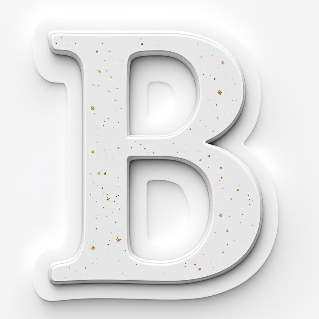 AI generated: 3D White letter "B" with gold glitter, white background, sticker style.

