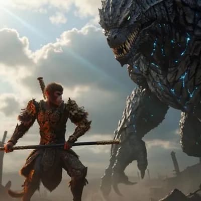 AI generated video: Ultra-realistic cinematic movie still of an intense epic battle between Sun Wukong and a massive God...