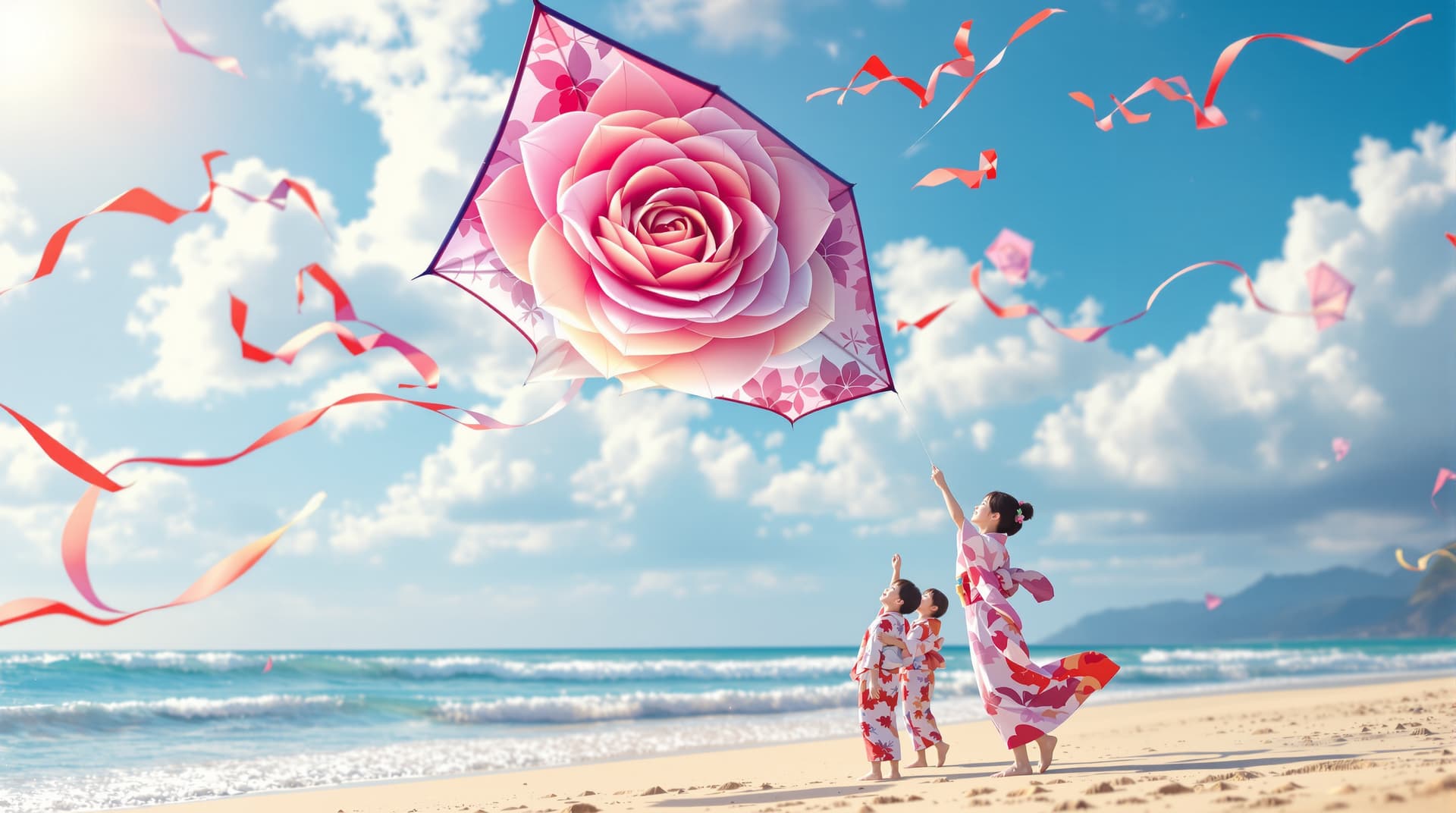 AI generated:  japanese children in traditional kimono on a beach flying 3d kite with   large rose flower design p...