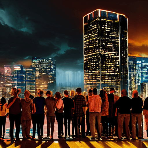 AI generated: photograph of adults young and old, men and womens,  standing on a hospital roof, silhouetted by  ne...