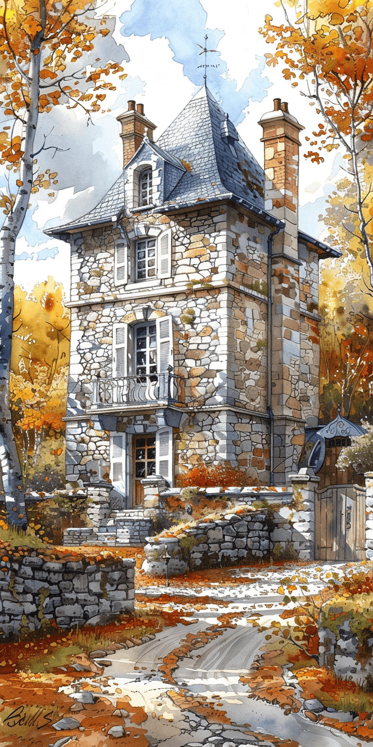 AI generated: Line drawing, French chateau, autumn --ar 1:2 --stylize 750
