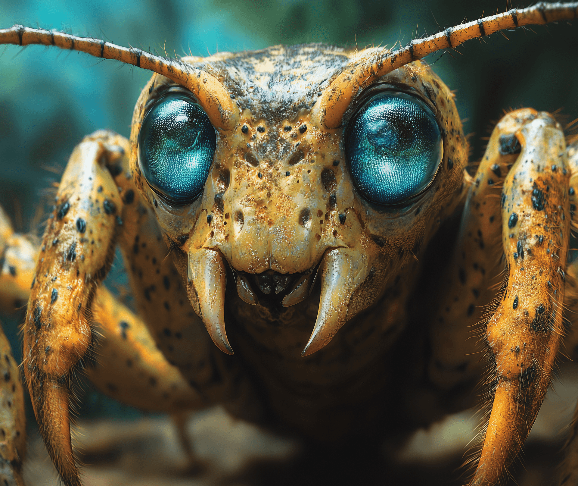 AI generated: A close-up of two giant insectoid alien creatures with large heads. One is carrying the other on its...