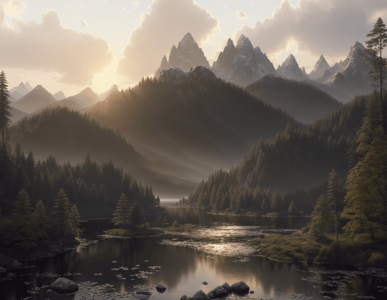 AI generated: beautiful landscape, lake, good contrast, ultrarealistic, photorealistic, smooth mountains, insanely...