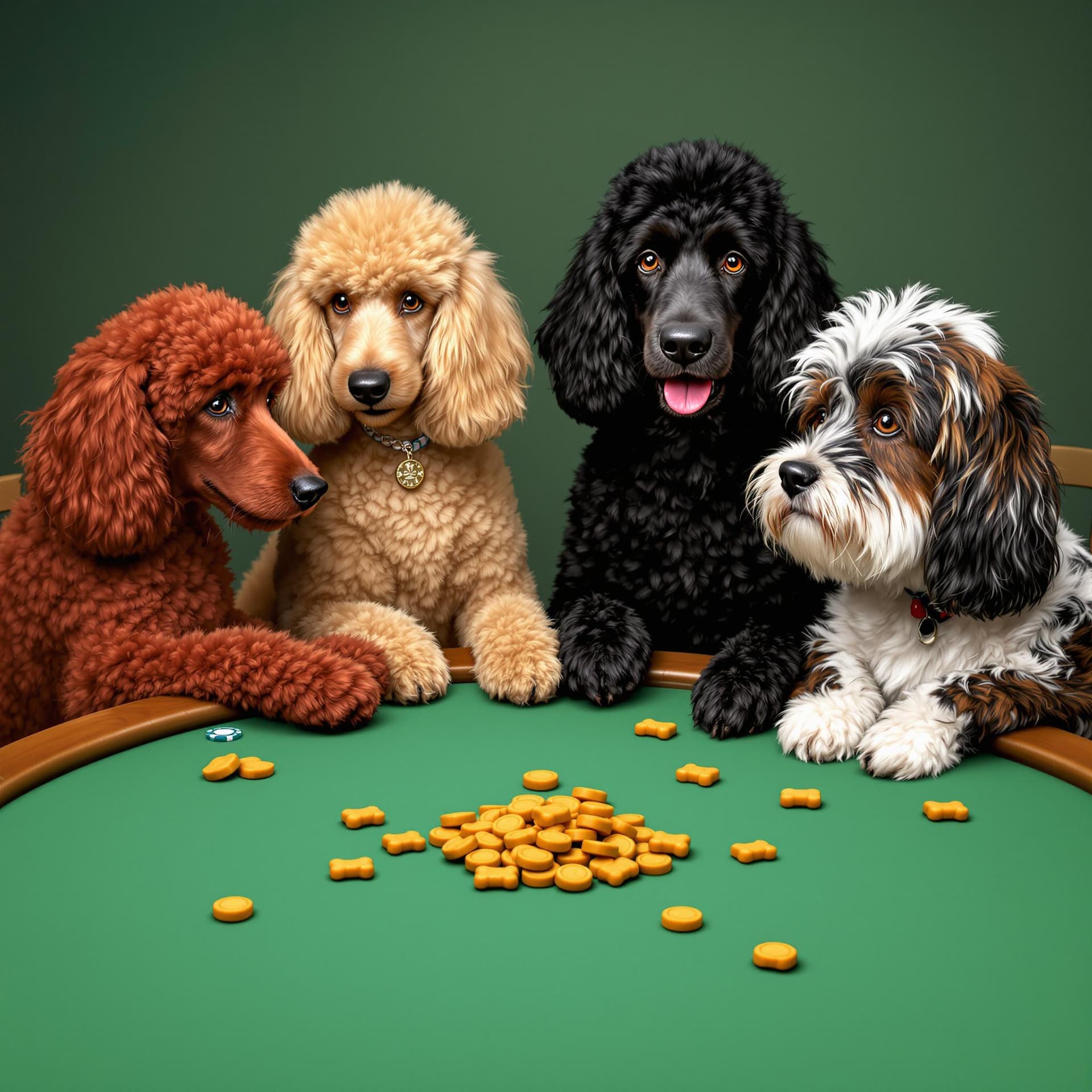 AI generated: a red standard poodle, an apricot standard poodle, a black standard poodle and a white shih tzu play...