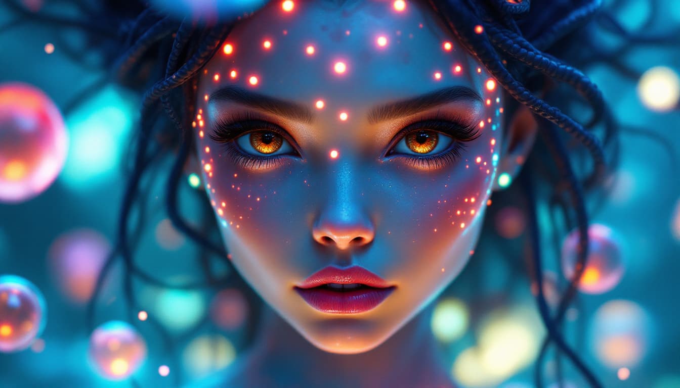 AI generated: Surreal 4k painting of an alien princess with expressive brown eyes and cosmic features. Her skin ap...