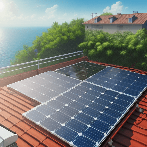 AI generated: Create a Digital painting of a lush wet natural scene of a solar energy system on a residential roof...