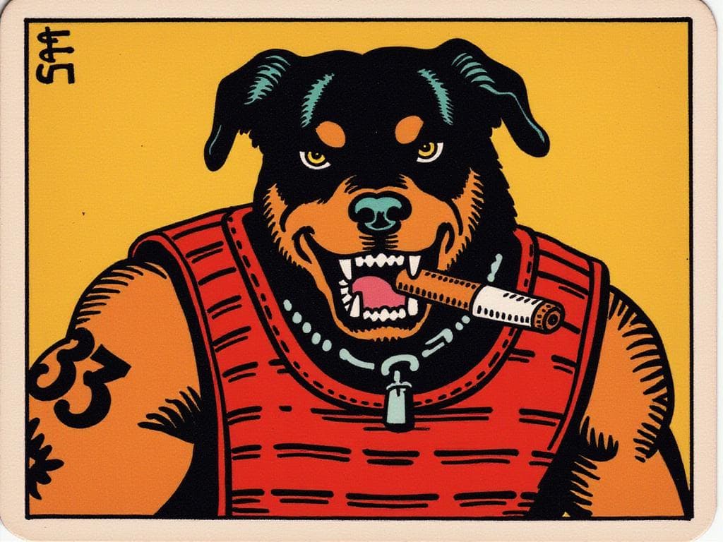 AI generated: A Rottweiler smiling snarky, in a bulletproof  red kevlar vest, muscles and veins popping, cigar in ...