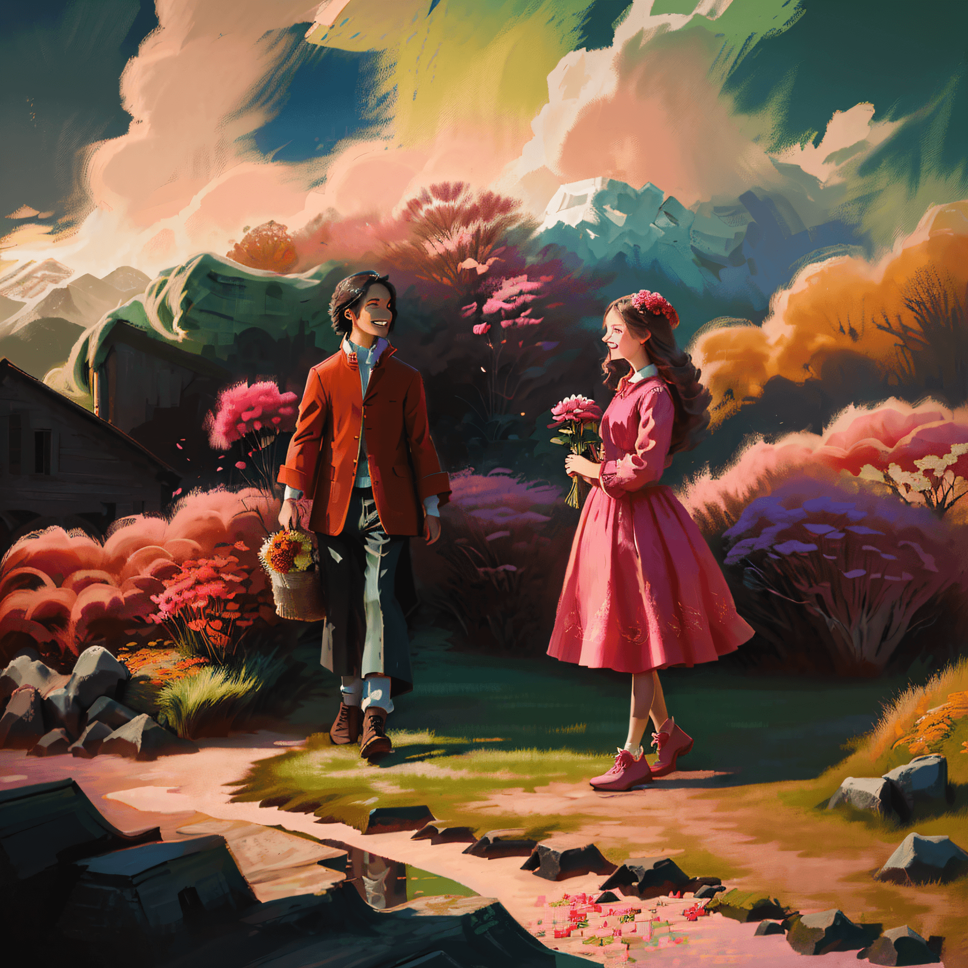 AI generated: "(Sense of luxury: 1.3) ((1 person), a girl in rose-colored clothes, holding flowers, smiling a...