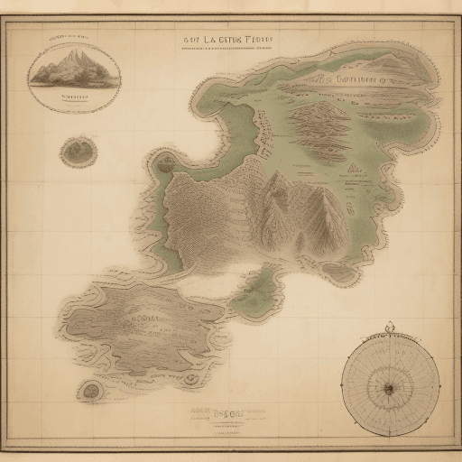 AI generated: An old map showing a large main land with three islands of different sizes east of the main land in ...