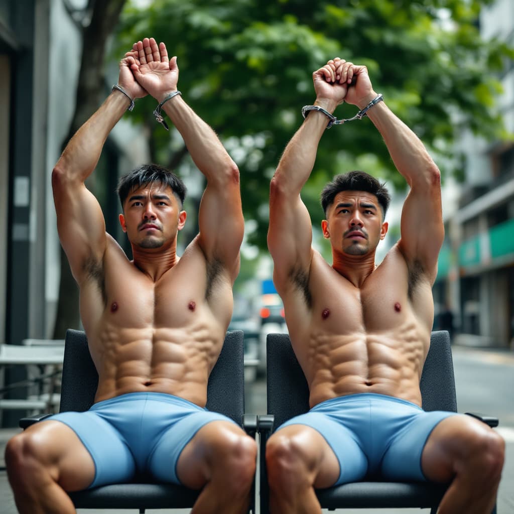 AI generated: Two male Hong Kong criminals handsome strong wearing compressive cycling shorts in light blue color ...