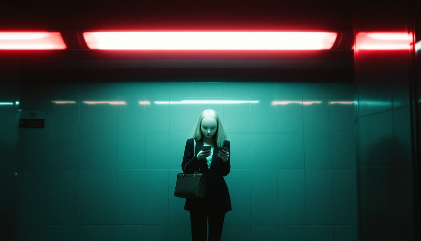 AI generated: an anthropomorphic cream cute girlwearing Suit, briefcase, cellphone, coffee standing alone in a sub...