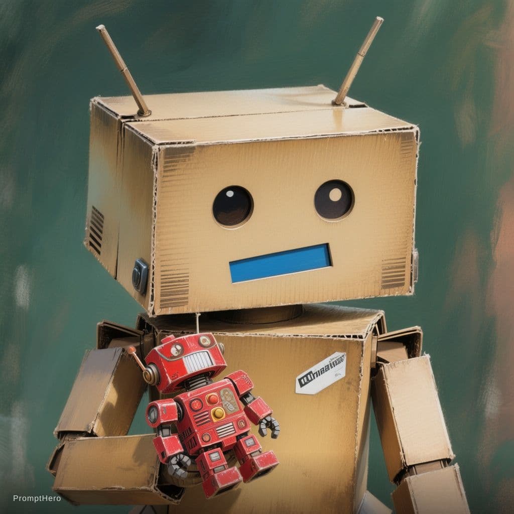 AI generated: A robot made of cardboard in natural light brown color, with antennas, prism-shaped body and head, b...