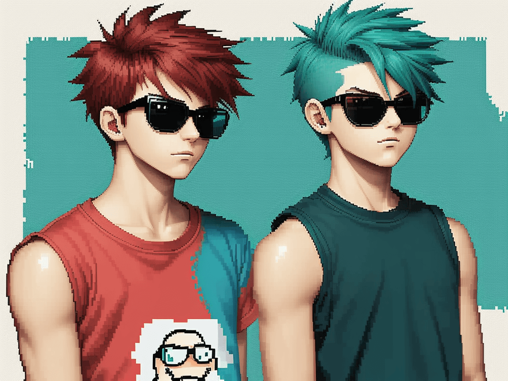 AI generated: 8bit, 8-bit, pixel art, pixel, 1boy, 20 years old, 2d, ((manga)), ((anime)), wearing teal sunglasses...