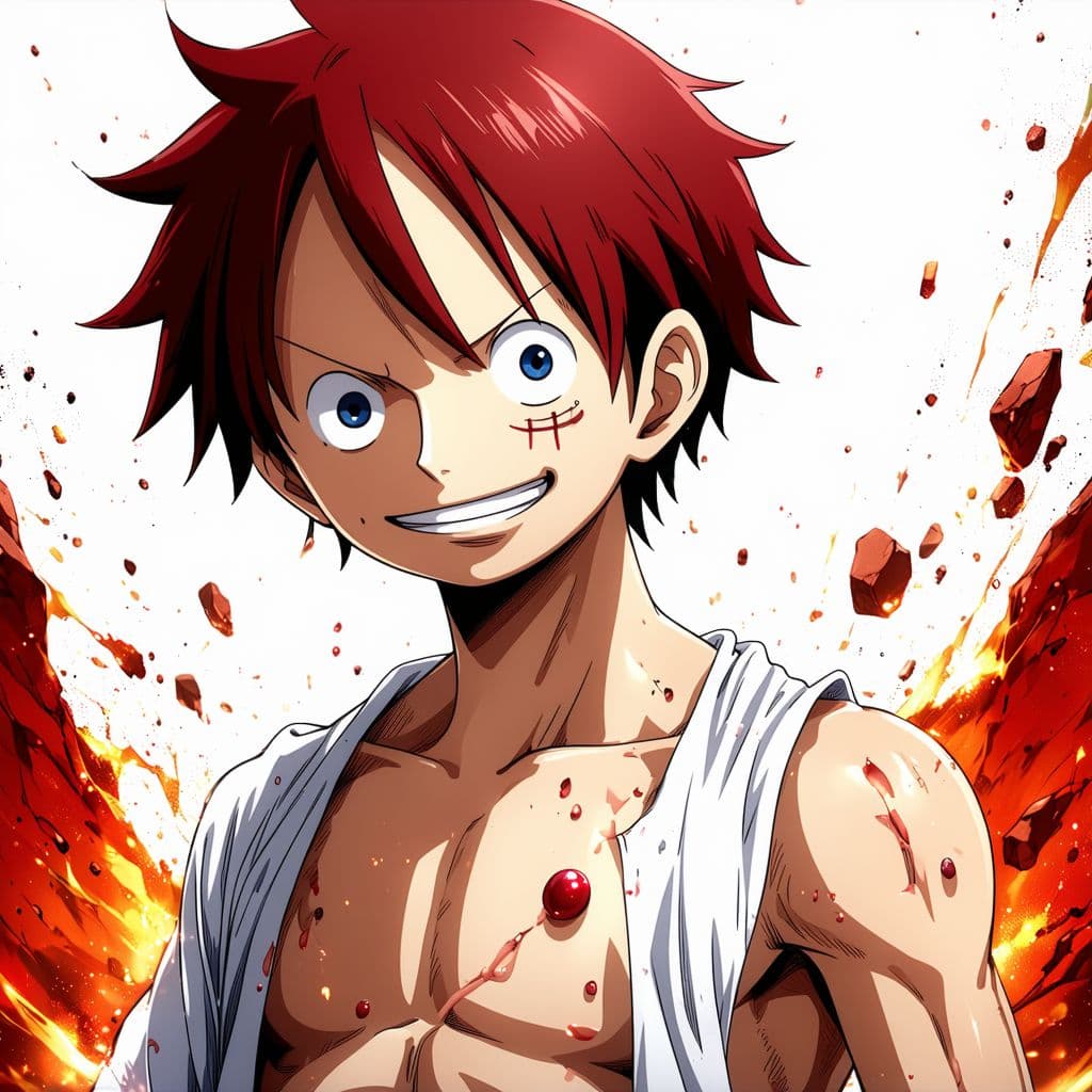 AI generated: one piece, luffy, gear 5, solo, mature, intense crimson hair, short hair, tied up hair, bangs, hair ...